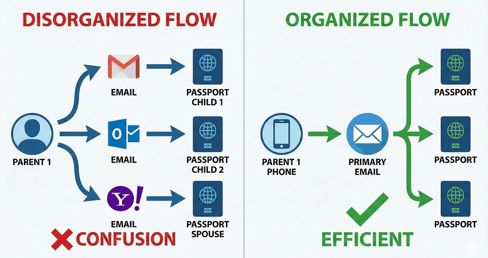 UK ETA for Family and Children: How to Apply for a Group of GCC Nationals 2 Diagram showing a Disorganized flow (multiple emails) vs. an Organized flow (One parent phone, one email, linked to multiple passports