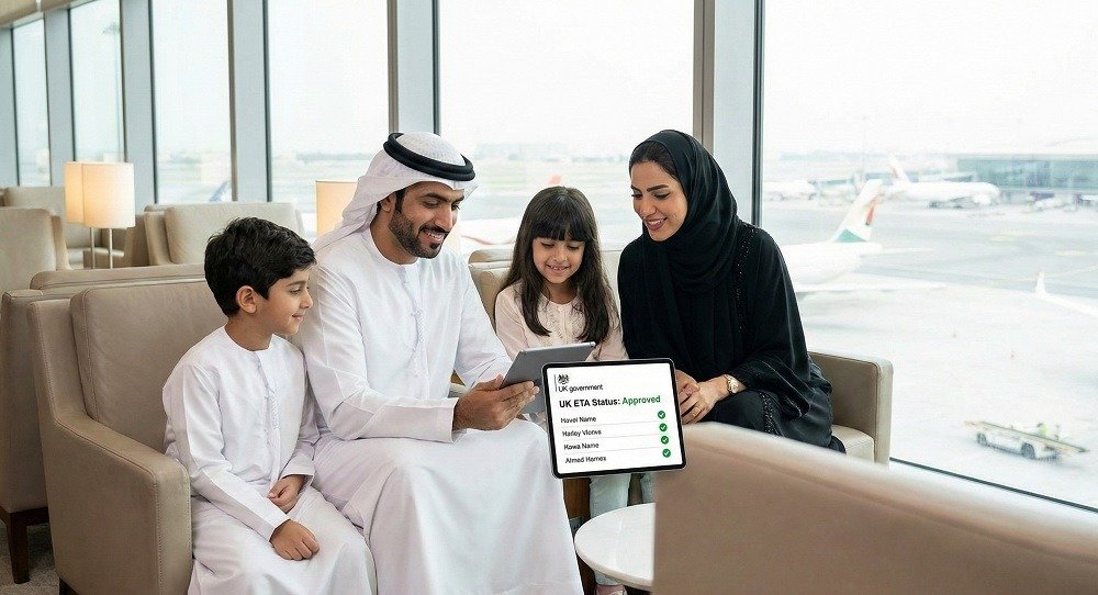 UK ETA for Family and Children: How to Apply for a Group of GCC Nationals 1 GCC family at airport checking UK ETA status on tablet before flight to London