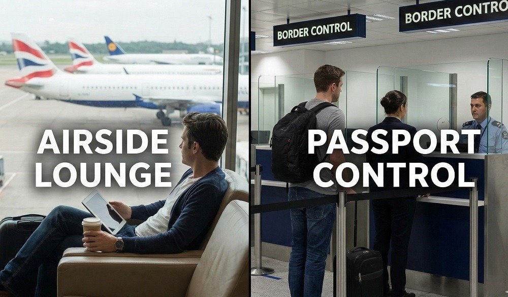 Split-screen comparison showing a relaxed passenger in an airside lounge versus a passenger waiting at a passport control desk