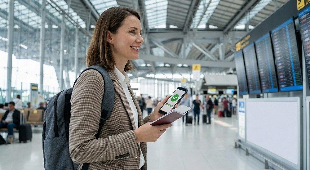 Professional male or female traveler at a modern airport terminal holding a passport and smartphone with an 'Approved' screen