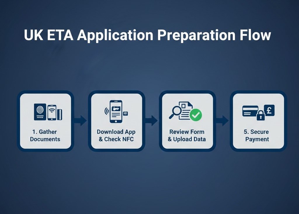 Zero-Error Guide: How to Fill the UK ETA Application Form Correctly 1 A high-level 5-step flow chart showing the preparation phase from document gathering to payment