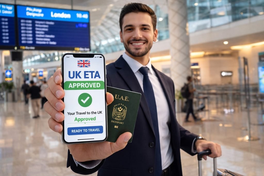 Apply for UK ETA Online Without Mistakes: Step-by-Step Approval Guide 2 Traveler at UAE airport checking UK ETA status on phone before flying to London