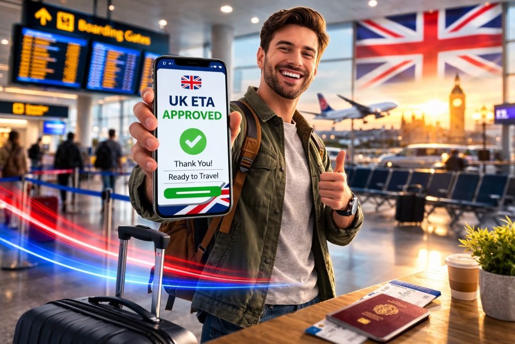 Apply for UK ETA Online Without Mistakes: Step-by-Step Approval Guide 1 Traveler showing UK ETA approval on smartphone at airport terminal before departure to the United Kingdom