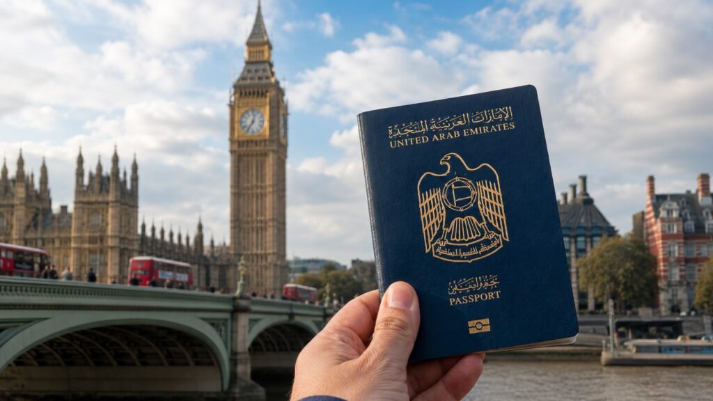 UAE Passport with UK Landmark Background