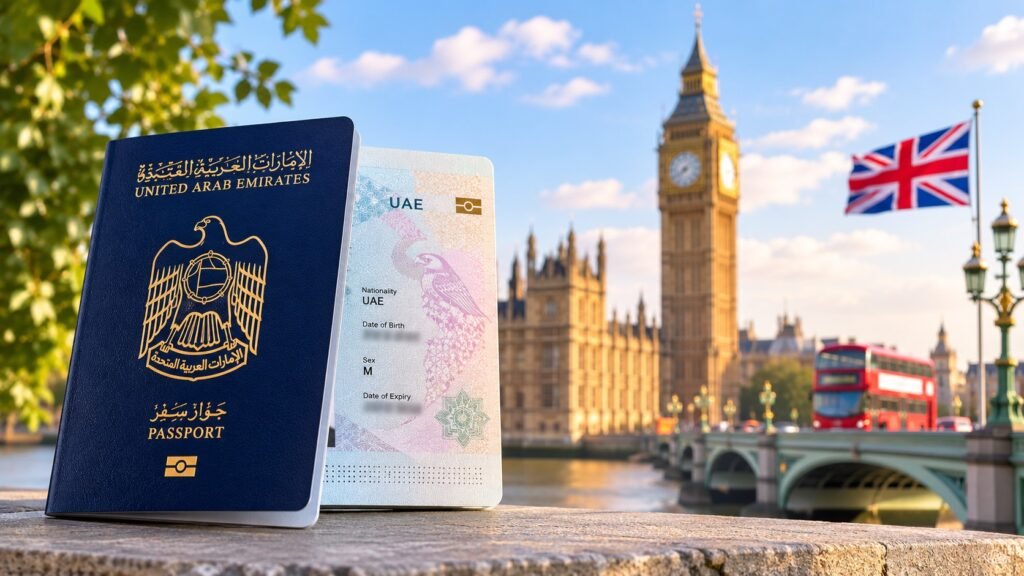 UAE passport and London landmarks