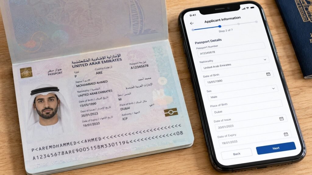 UAE passport and document registration scene