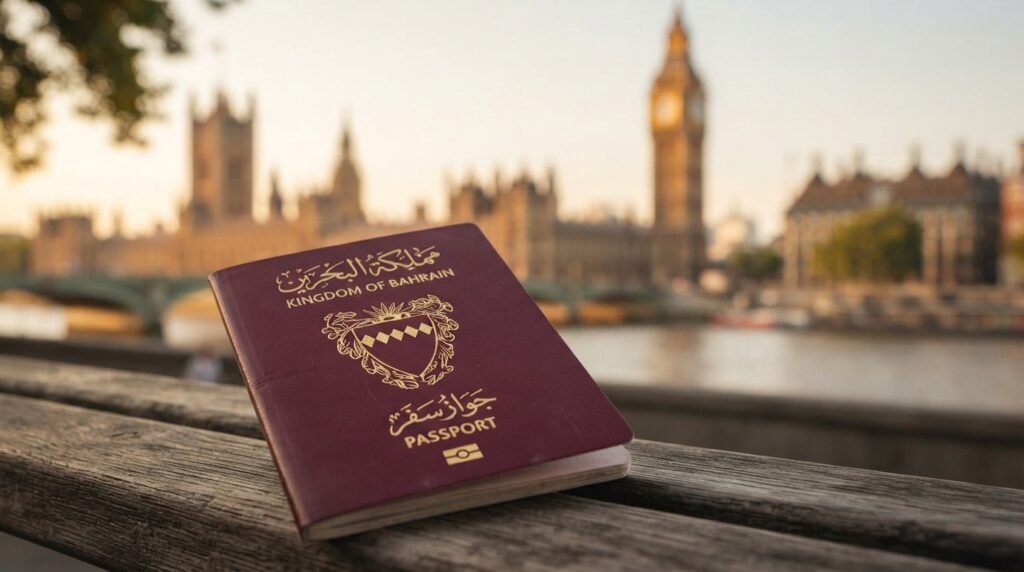 A Bahraini passport resting against a blurred London skyline background, Big Ben visible in soft focus. Clean, warm lighting.