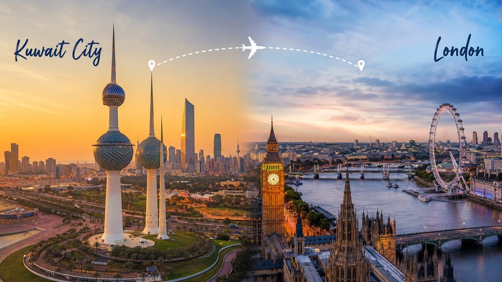 Kuwait City to London Travel Panorama